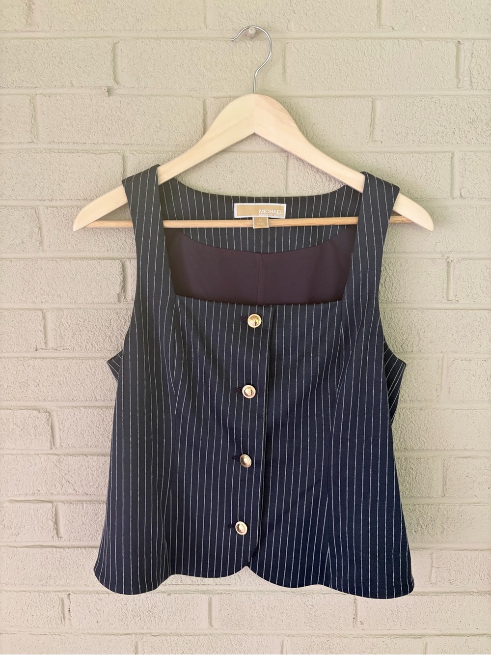 Michael Kors Navy Pinstripe Sleeveless Button Front Top with Gold Buttons
